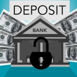 Ilustração de um cadeado sobre um banco e cédulas de dólar sob a palavra “depósito”, em fundo azul.