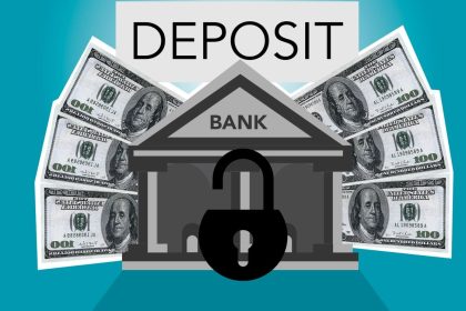 Ilustração de um cadeado sobre um banco e cédulas de dólar sob a palavra “depósito”, em fundo azul.