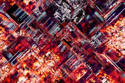 Arte digital abstrata com uma matriz tridimensional de luzes LED, remetendo a uma rede ou circuito tecnológico.