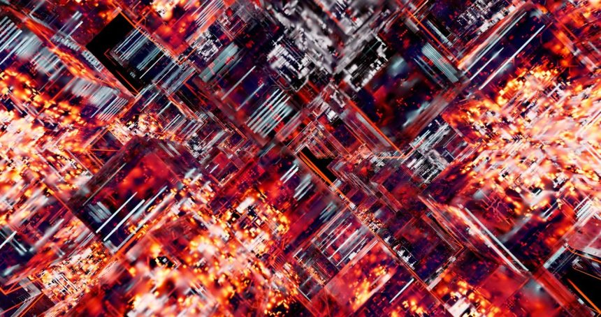 Arte digital abstrata com uma matriz tridimensional de luzes LED, remetendo a uma rede ou circuito tecnológico.