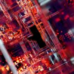 Composição abstrata de circuitos digitais futuristas com linhas e pontos luminosos.