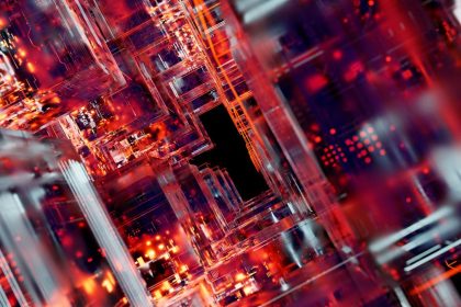 Composição abstrata de circuitos digitais futuristas com linhas e pontos luminosos.