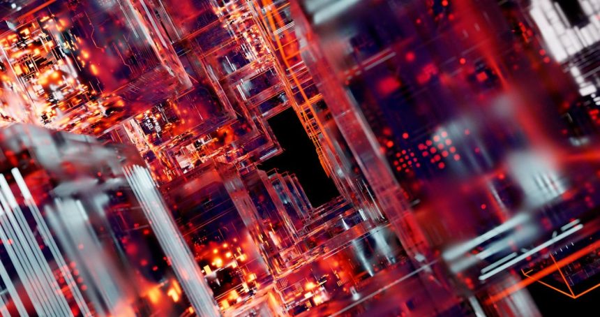 Composição abstrata de circuitos digitais futuristas com linhas e pontos luminosos.