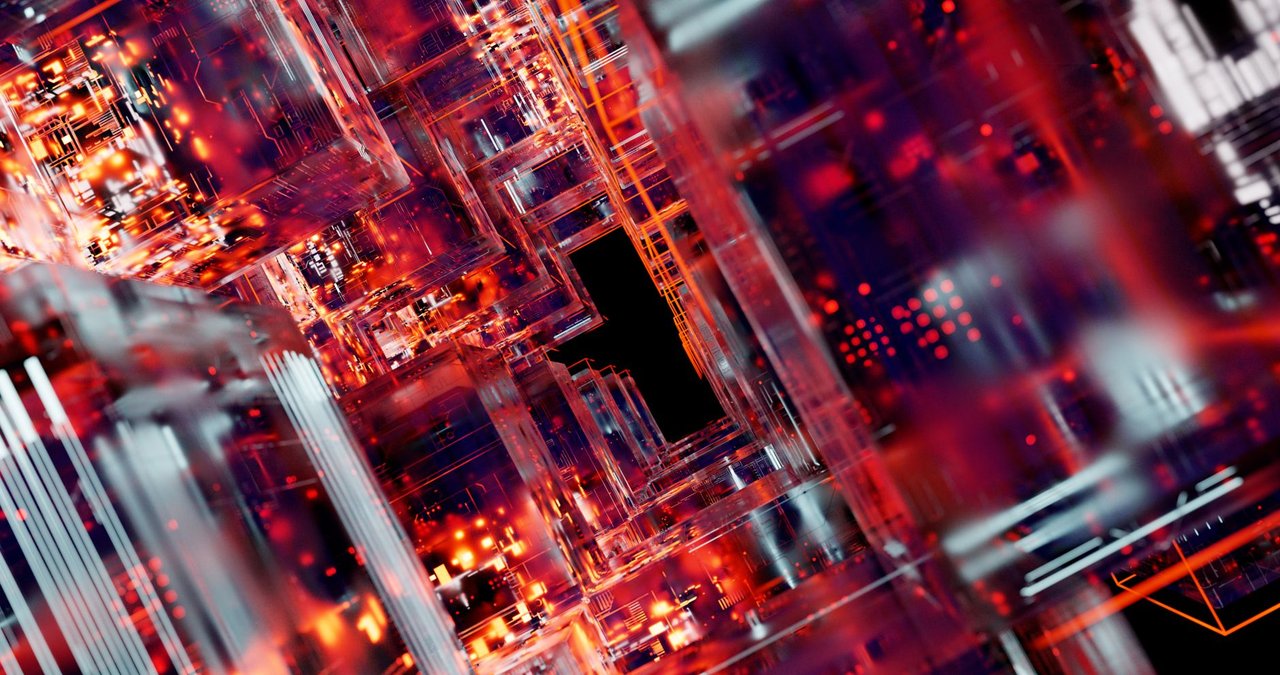 Composição abstrata de circuitos digitais futuristas com linhas e pontos luminosos.