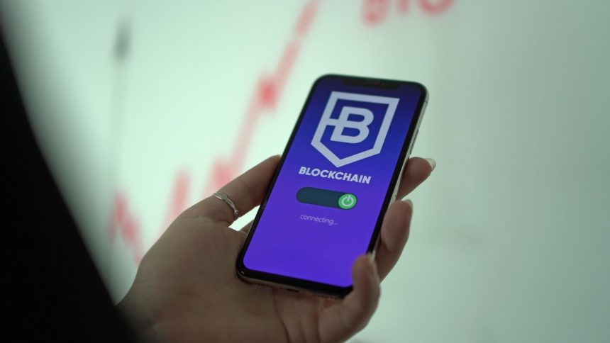 Mão segura um smartphone que exibe uma carteira digital de criptomoedas.